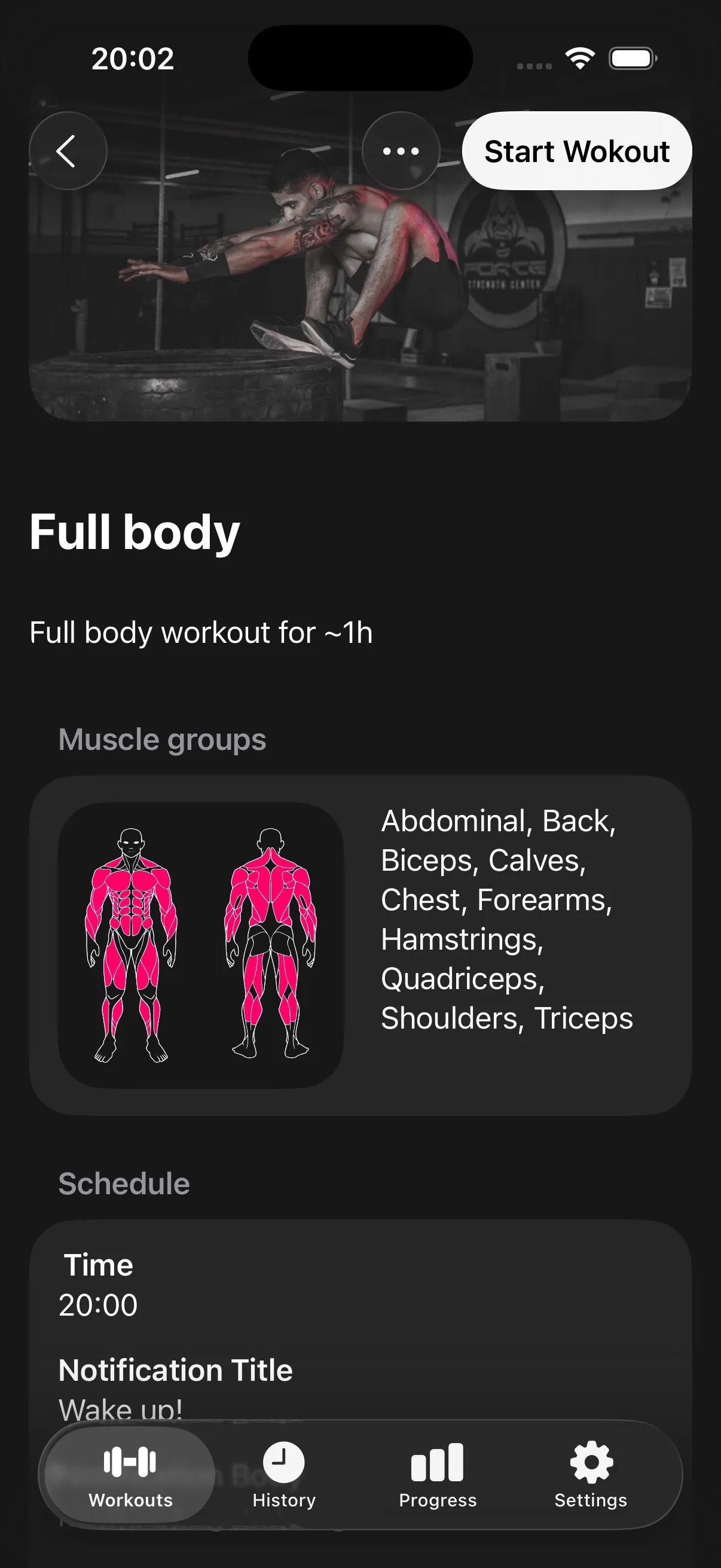 Workout detail — Sets, reps, schedule. At a glance.